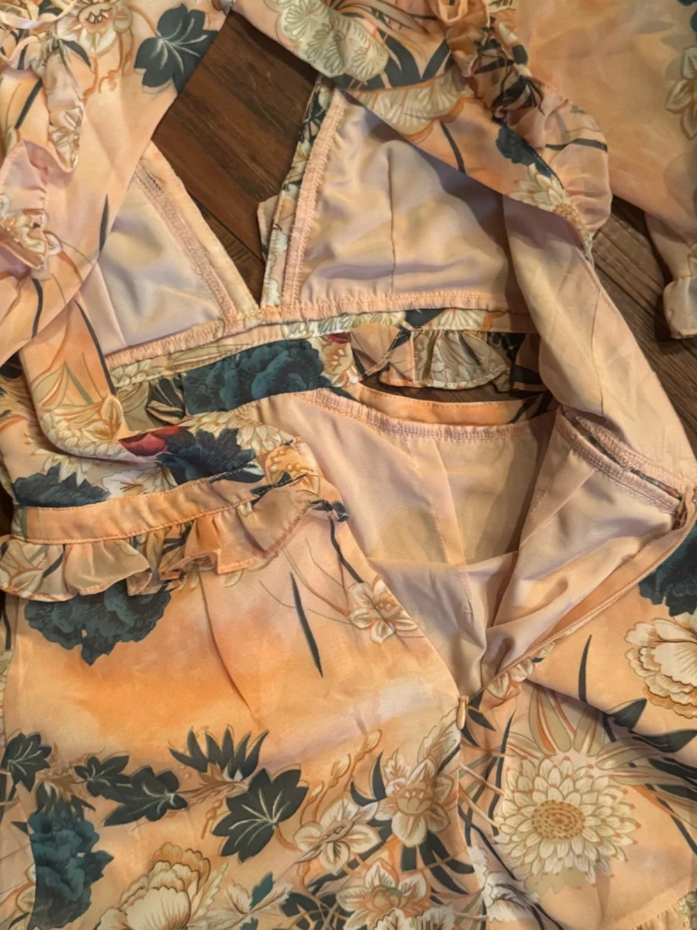 Angel Biba Peach Floral Ruffle Dress with Blue & Cream Accents - Picture 5 of 6